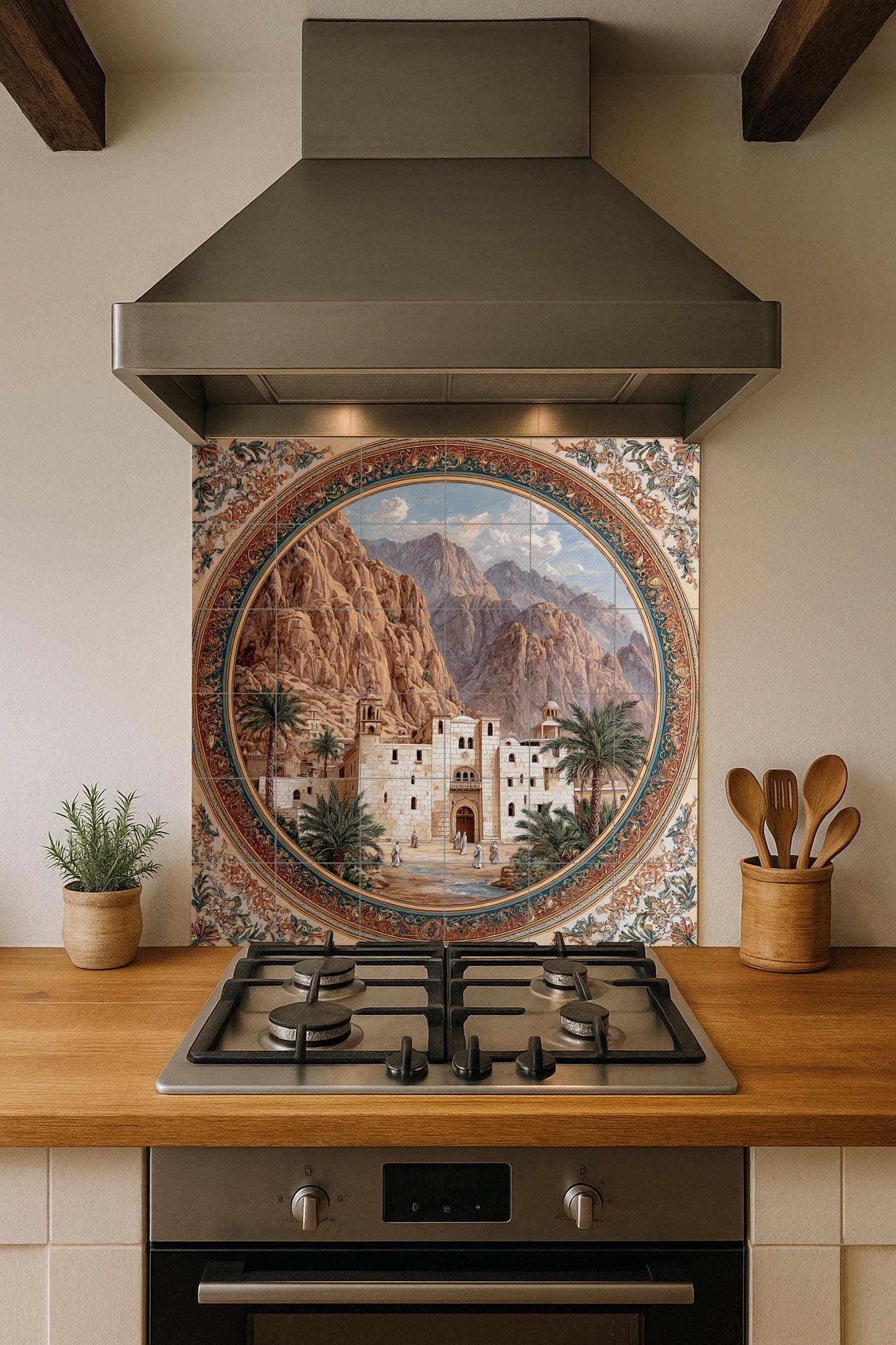 Tile mural of the Monastery of Saint Catherine – Ceramic panel of Holy Sinai – Historic desert architecture – Byzantine heritage mural decoration