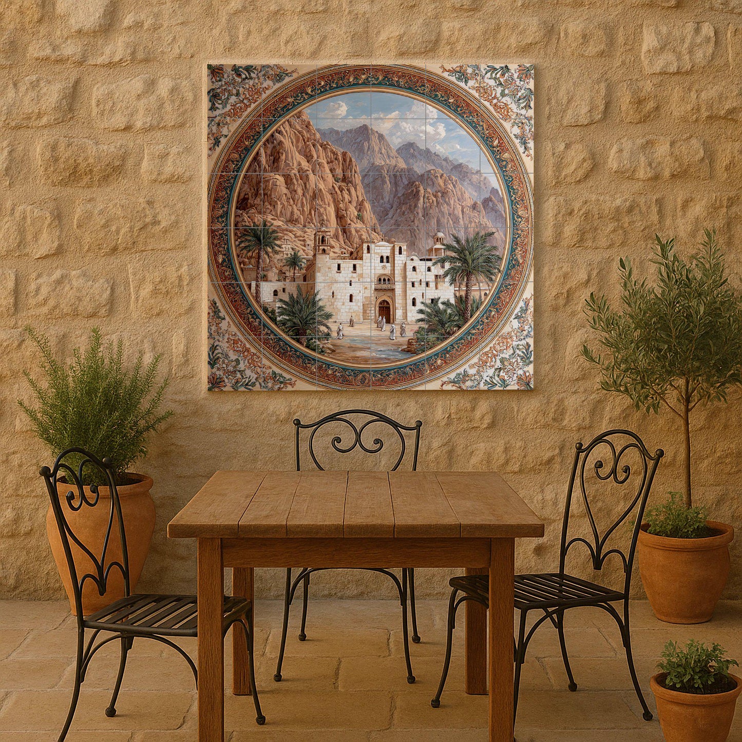 Tile mural of the Monastery of Saint Catherine – Ceramic panel of Holy Sinai – Historic desert architecture – Byzantine heritage mural decoration