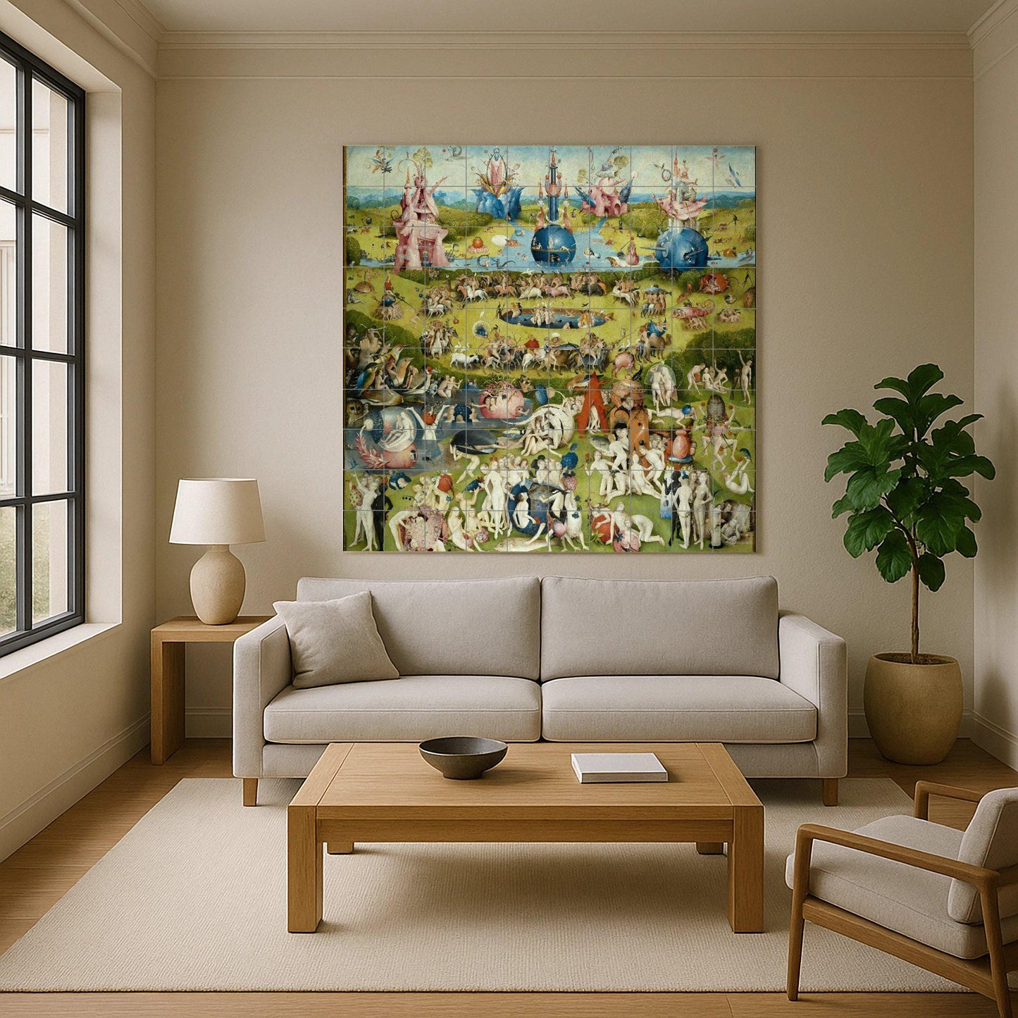 Tile mural of the Garden of Earthly Delights by Hieronymus Bosch: surrealist Renaissance panel, fantasy ceramic mural art, mythical scene for intriguing interiors