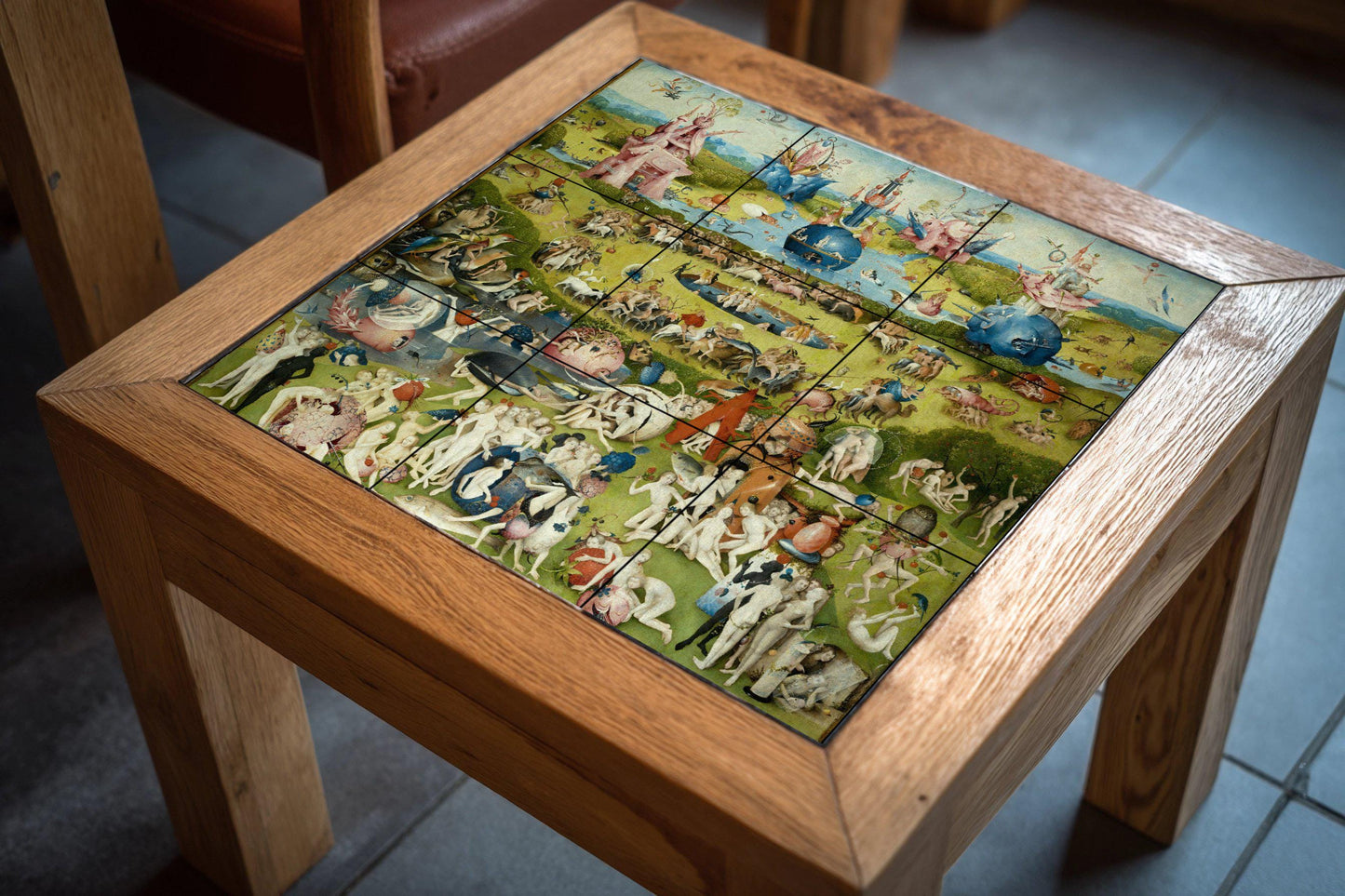Tile mural of the Garden of Earthly Delights by Hieronymus Bosch: surrealist Renaissance panel, fantasy ceramic mural art, mythical scene for intriguing interiors