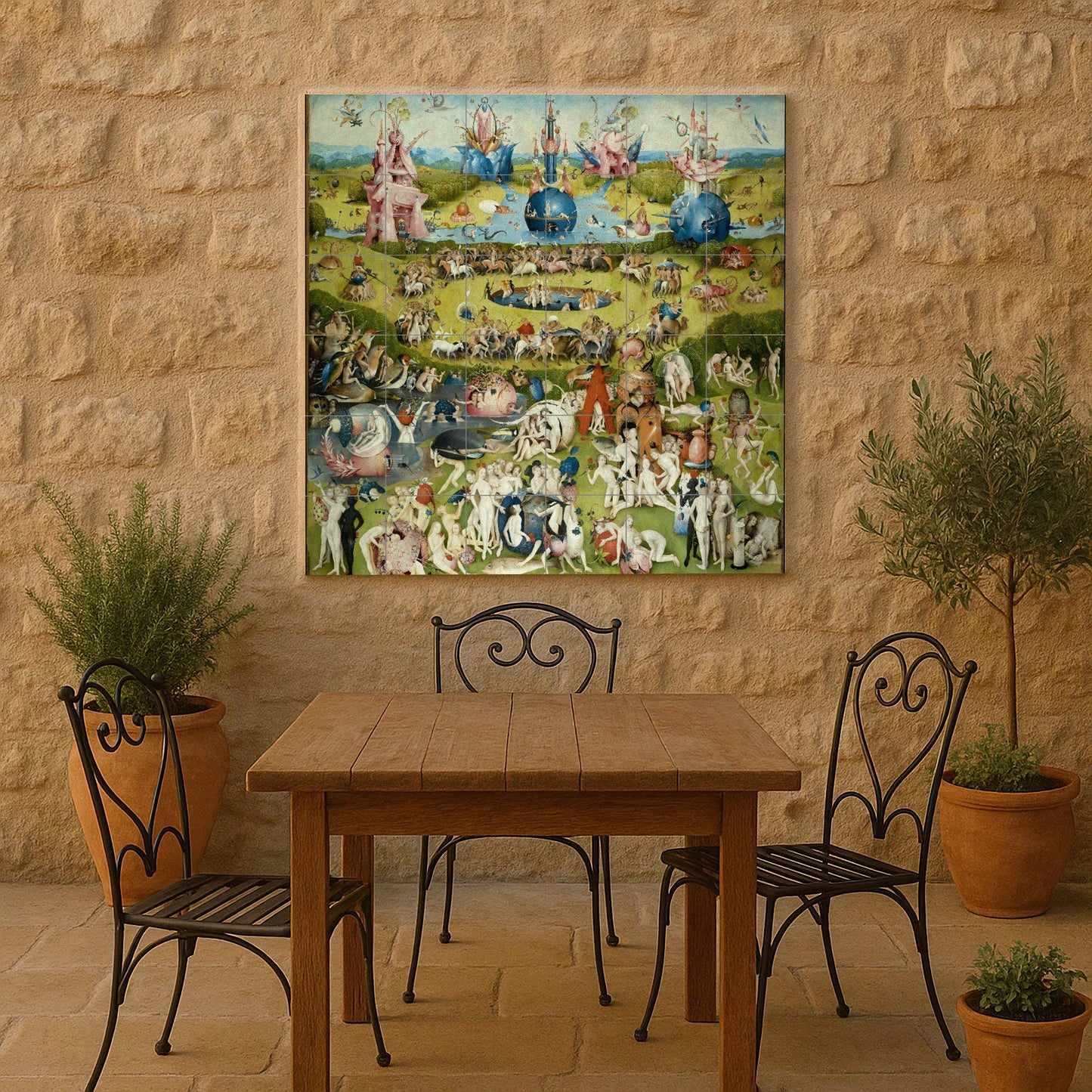 Tile mural of the Garden of Earthly Delights by Hieronymus Bosch: surrealist Renaissance panel, fantasy ceramic mural art, mythical scene for intriguing interiors