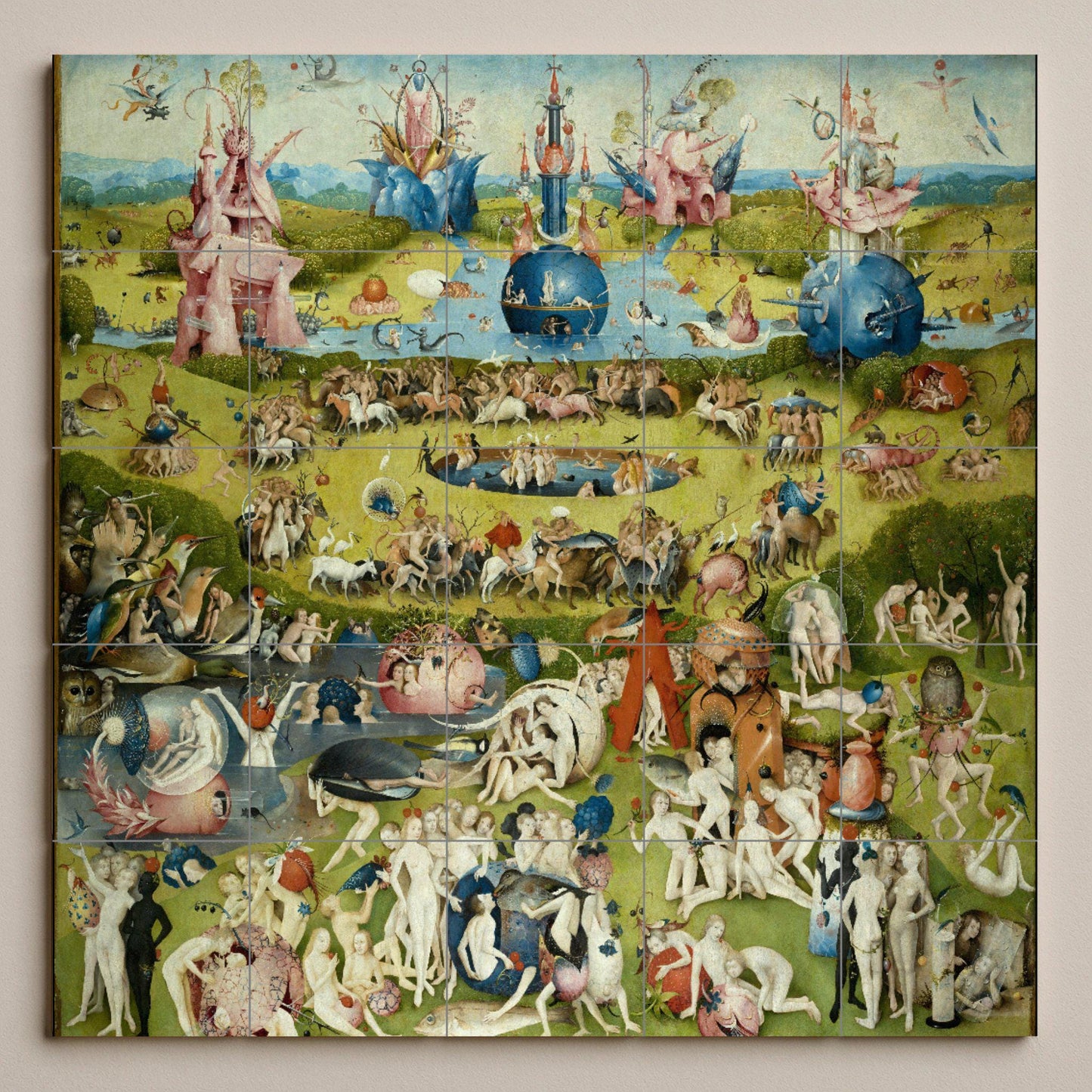 Tile mural of the Garden of Earthly Delights by Hieronymus Bosch: surrealist Renaissance panel, fantasy ceramic mural art, mythical scene for intriguing interiors