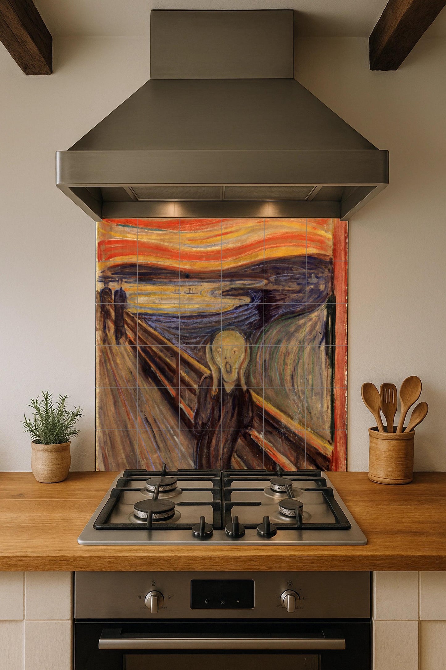 Munch's "The Scream" tile mural: an expressionist ceramic panel, a dramatic artistic detail for the wall, a modern and unsettling decoration for bold interiors.