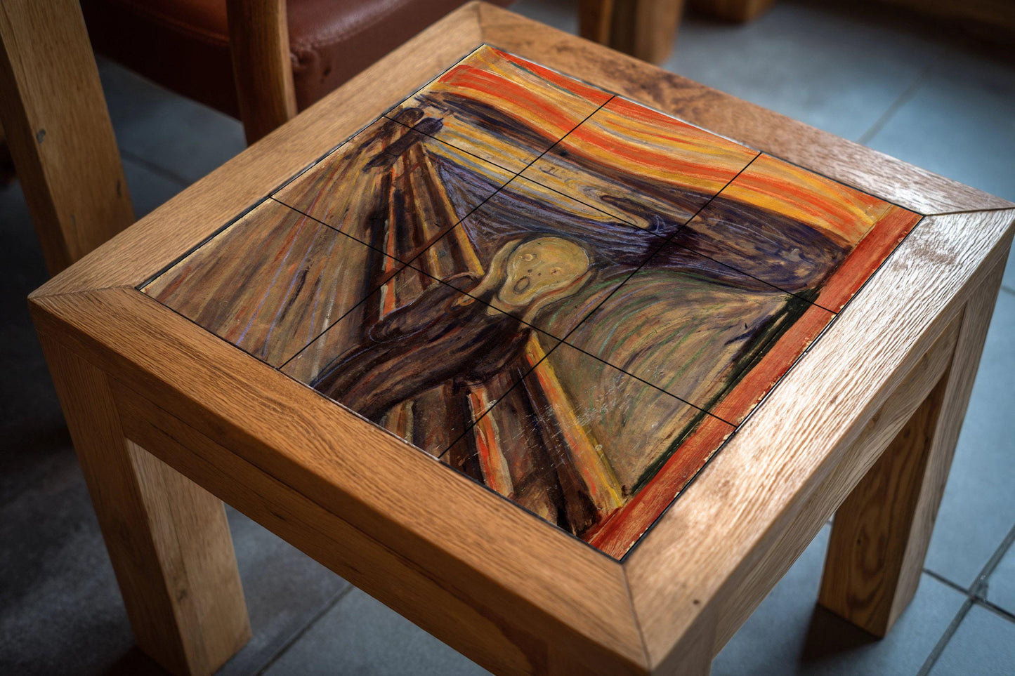 Munch's "The Scream" tile mural: an expressionist ceramic panel, a dramatic artistic detail for the wall, a modern and unsettling decoration for bold interiors.