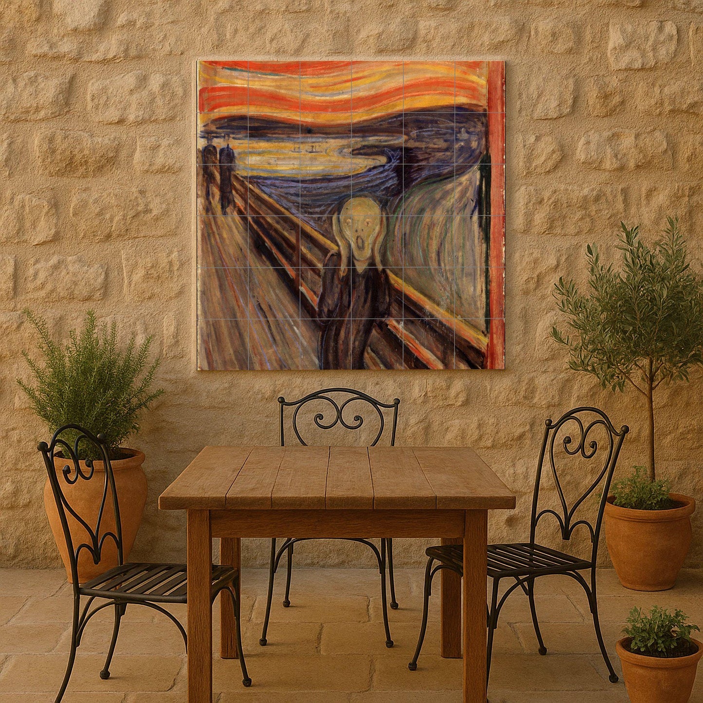 Munch's "The Scream" tile mural: an expressionist ceramic panel, a dramatic artistic detail for the wall, a modern and unsettling decoration for bold interiors.