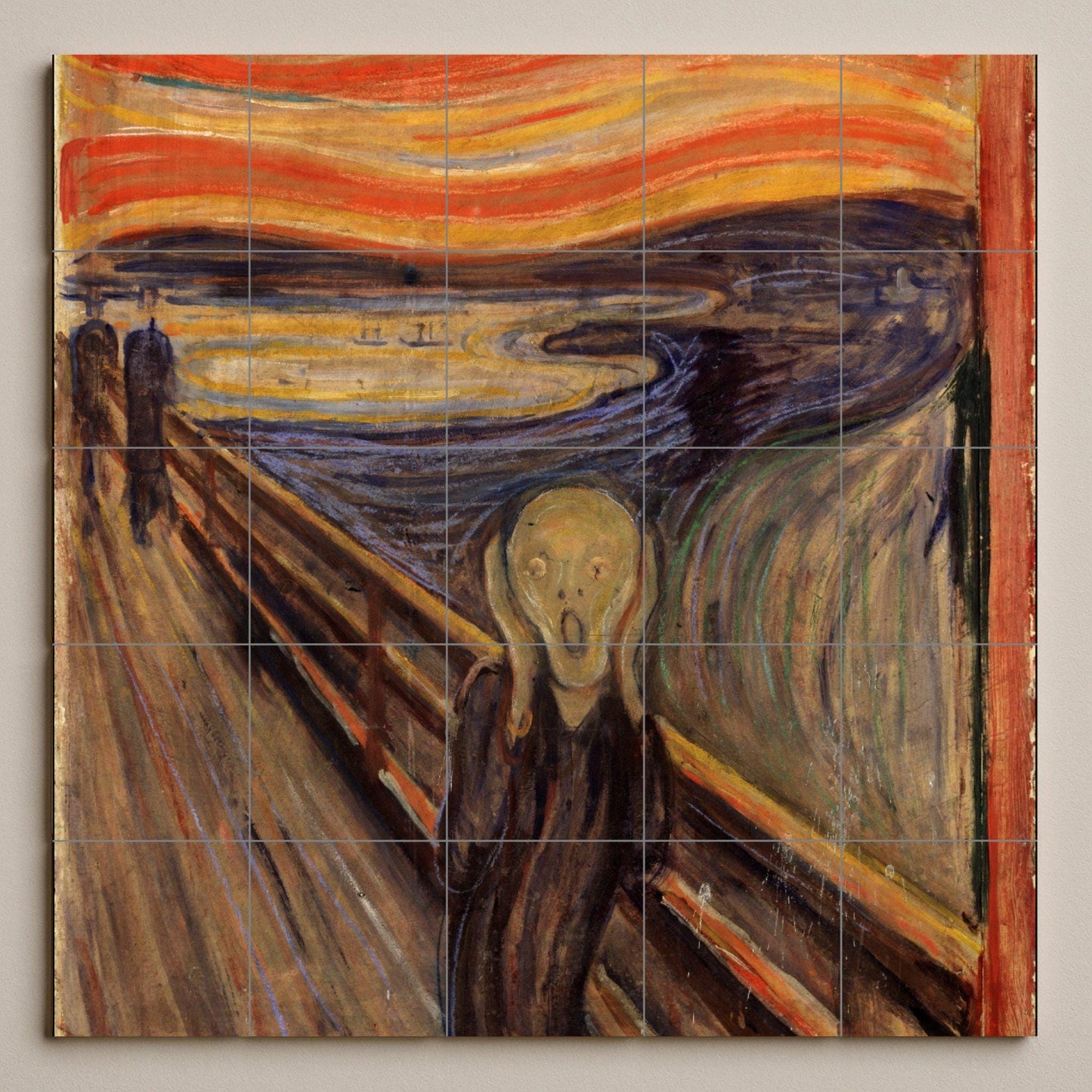 Munch's "The Scream" tile mural: an expressionist ceramic panel, a dramatic artistic detail for the wall, a modern and unsettling decoration for bold interiors.