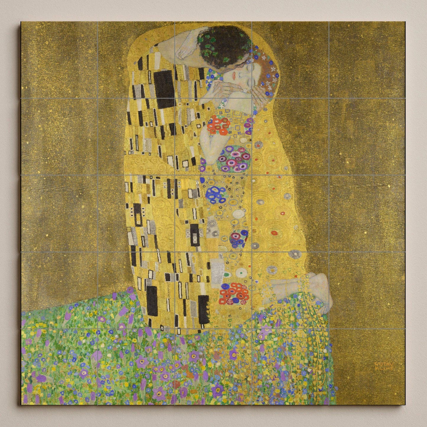 Klimt's "The Kiss" tile mural: romantic golden ceramic panel, Art Nouveau wall detail, Viennese love scene for elegant interiors.