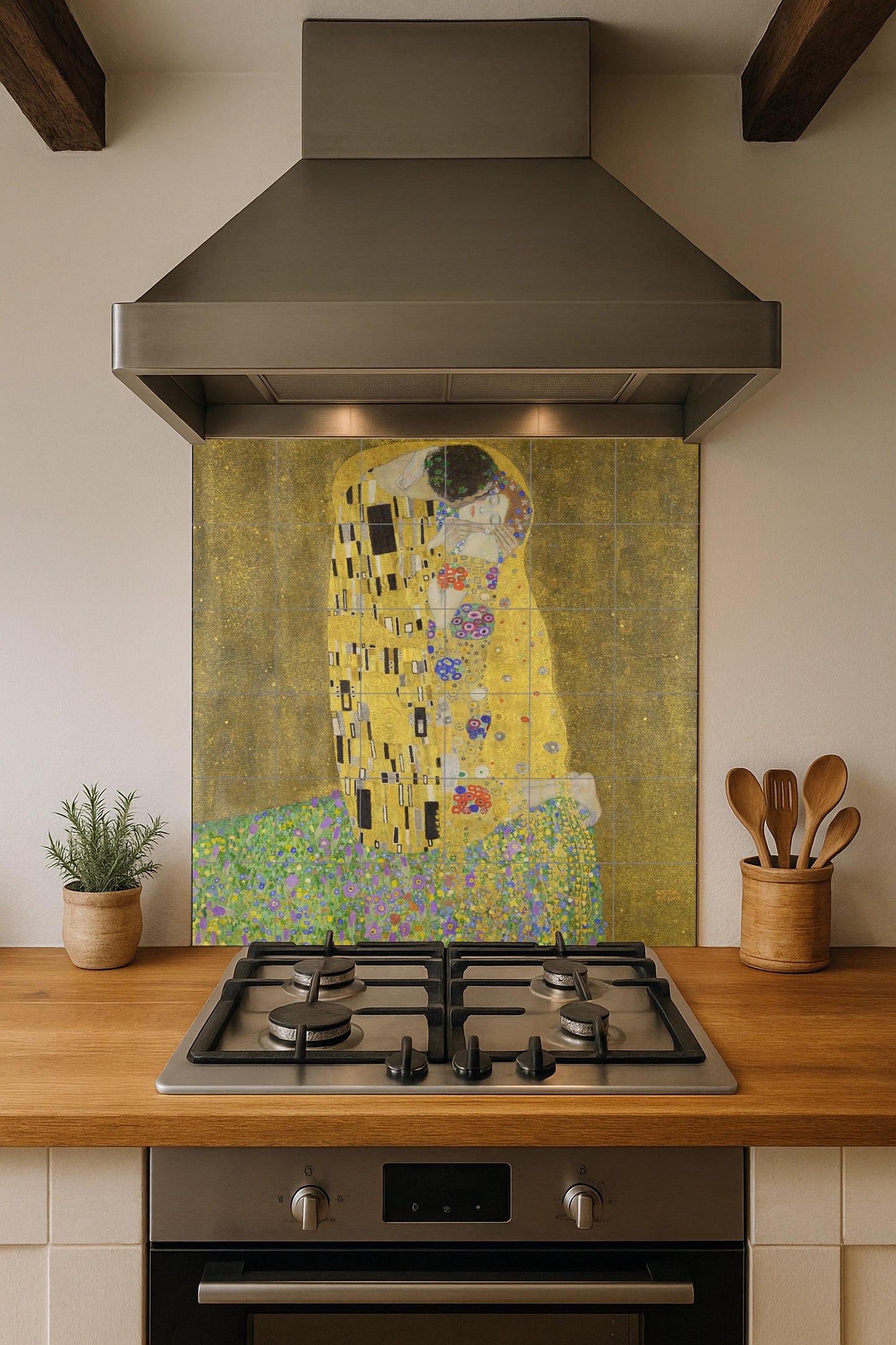Klimt's "The Kiss" tile mural: romantic golden ceramic panel, Art Nouveau wall detail, Viennese love scene for elegant interiors.