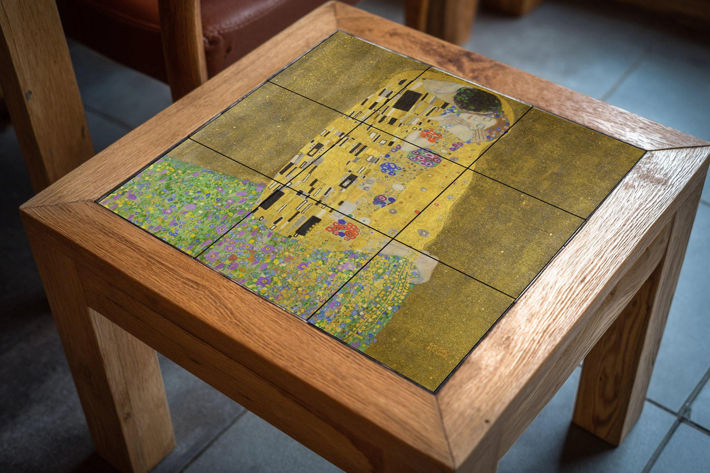 Klimt's "The Kiss" tile mural: romantic golden ceramic panel, Art Nouveau wall detail, Viennese love scene for elegant interiors.