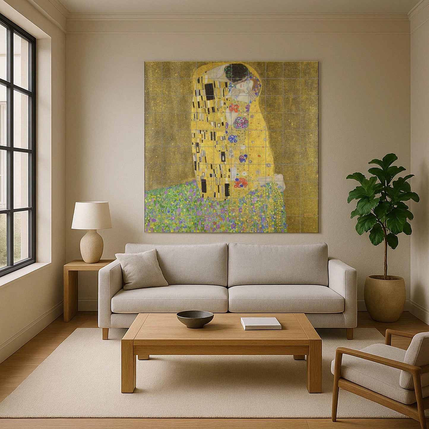 Klimt's "The Kiss" tile mural: romantic golden ceramic panel, Art Nouveau wall detail, Viennese love scene for elegant interiors.
