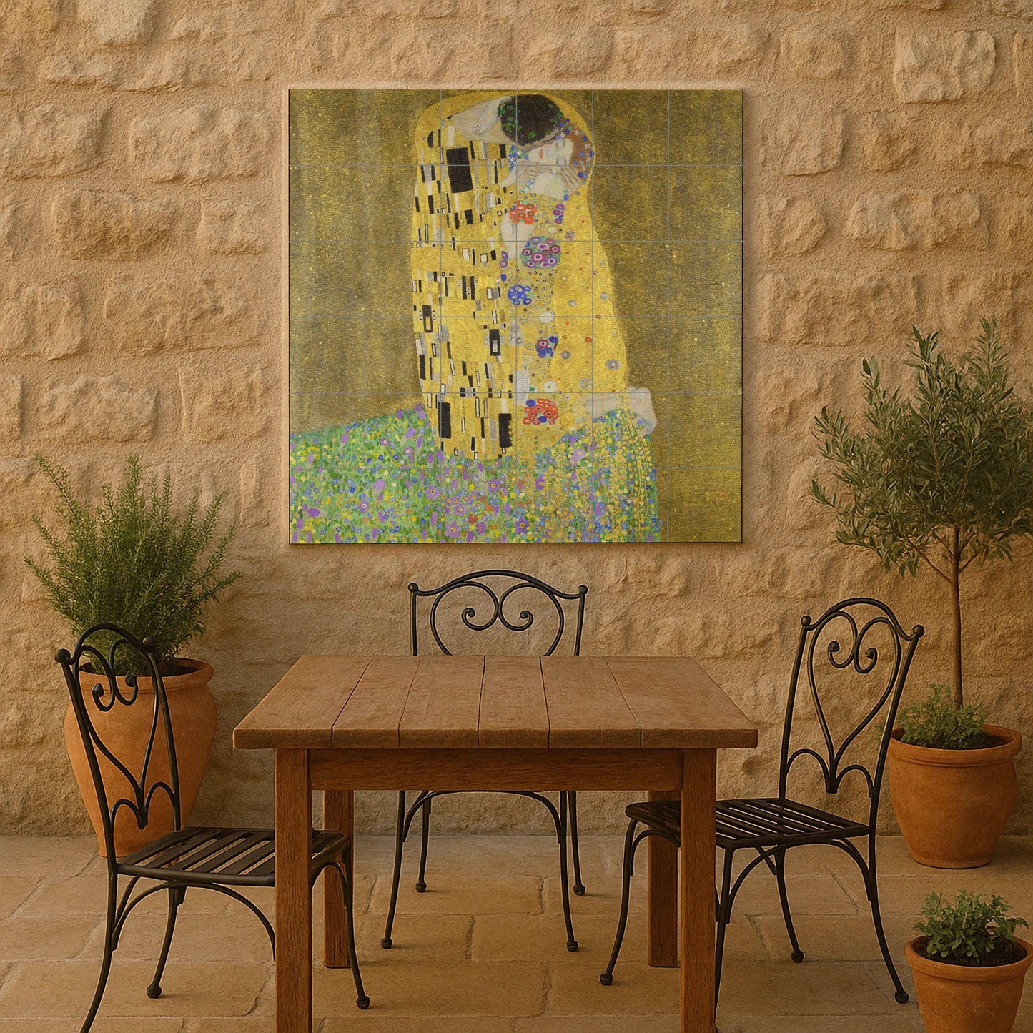 Klimt's "The Kiss" tile mural: romantic golden ceramic panel, Art Nouveau wall detail, Viennese love scene for elegant interiors.