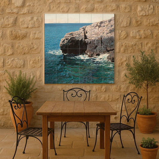 Coastal Cliff Tile Mural – Ceramic Panel with Ocean Scene – Mediterranean Sea Wall Art – Naturalistic Marine Decor for Serene Coastal Homes