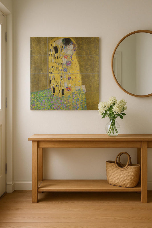 Klimt's "The Kiss" tile mural: romantic golden ceramic panel, Art Nouveau wall detail, Viennese love scene for elegant interiors.