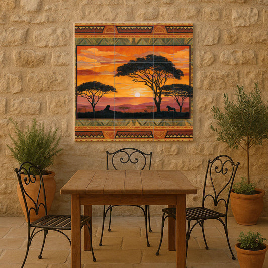 "Sunset in the Savannah" tile mural: African wildlife mosaic with lions and tribal border for kitchen, cabin or a warm interior detail.