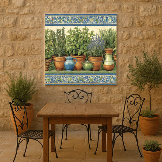 Herb garden tile mural / Rustic Mediterranean wall art / Terracotta pots and fresh herbs / Handmade ceramic decor / Natural kitchen
