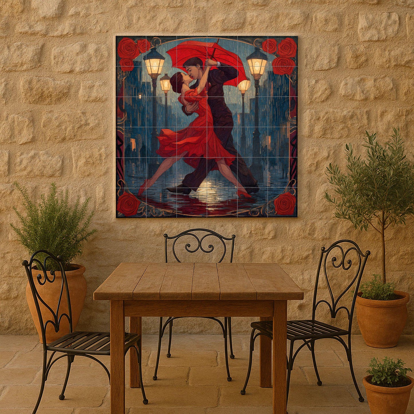 Tango Under the Rain Tile Mural: Argentine dance wall mosaic with passion for Buenos Aires for decorating the kitchen, gallery or romantic entrance.