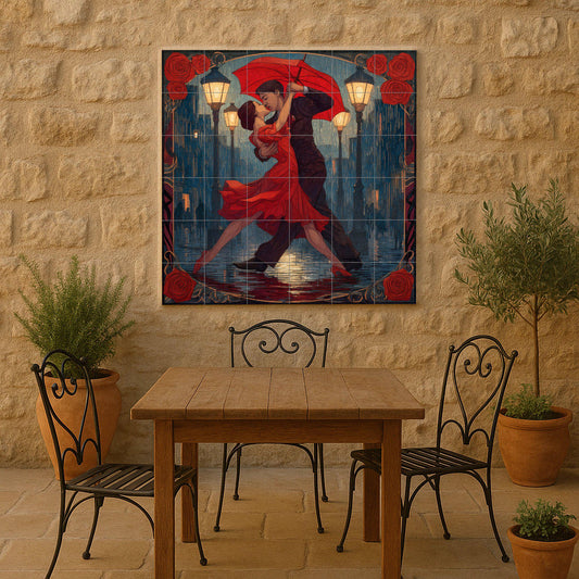 Tango Under the Rain Tile Mural: Argentine dance wall mosaic with passion for Buenos Aires for decorating the kitchen, gallery or romantic entrance.