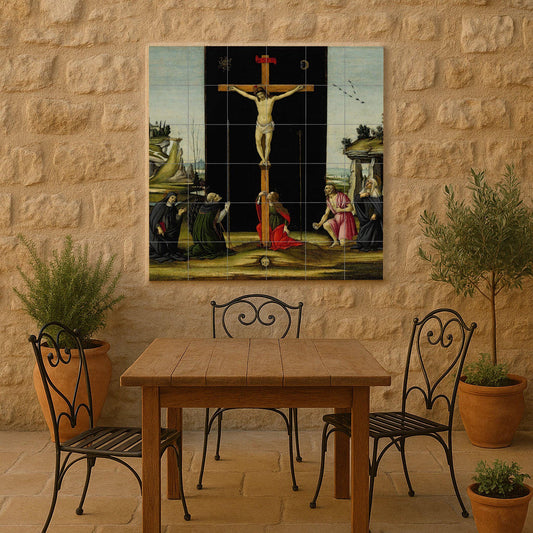 Tile mural of the Crucifixion of Christ – Christian sacred ceramic panel – Renaissance Passion scene – Devotional wall art for prayer spaces