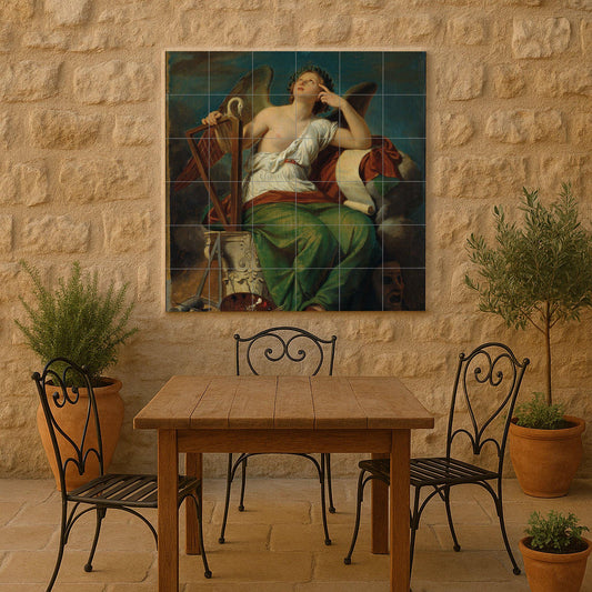 Tile mural of the Muse of History – Classical Greek art ceramic panel – Neoclassical goddess with scroll, lyre and mask – Mythological wall decoration