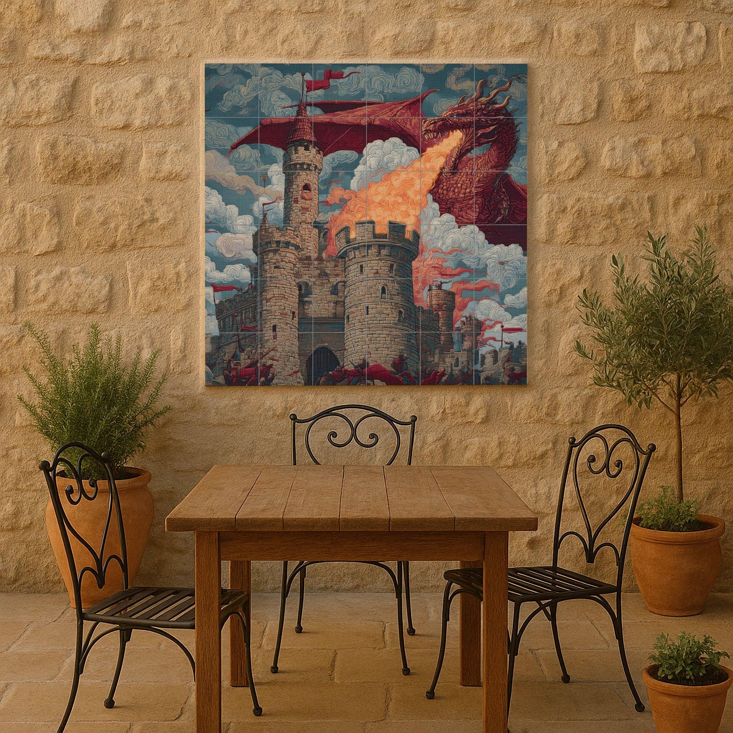 Dragon Siege Tile Mural: Fantasy Castle Wall Mosaic with Fire-Breathing Beast for Medieval Kitchen Backsplash or Epic Hallway Decor.