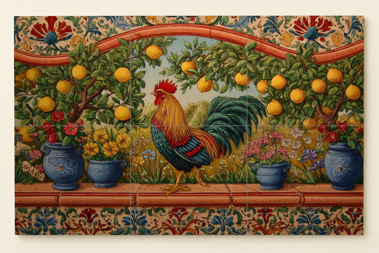 Rooster mural • Mediterranean lemon tile mural art • Sicilian garden decor • Andalusian ceramic panel • Provençal flowers • Folk kitchen scene