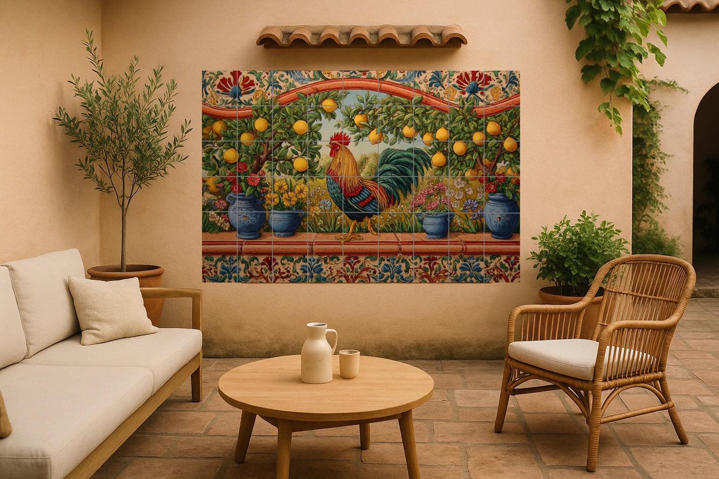 Rooster mural • Mediterranean lemon tile mural art • Sicilian garden decor • Andalusian ceramic panel • Provençal flowers • Folk kitchen scene