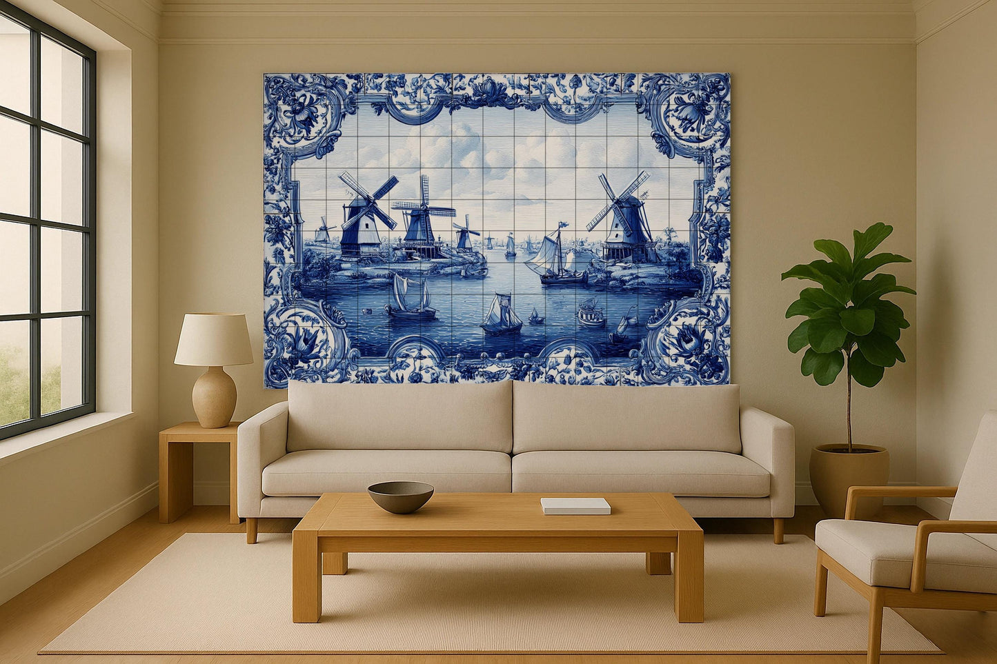 Delft Blue Tile Mural • Elegant Wall Art with Windmill and Boat • Traditional Ceramic Landscape • Classic Vintage Wall Panel Decor