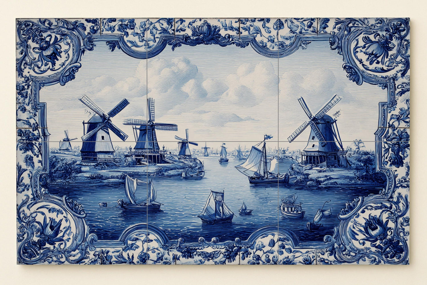Delft Blue Tile Mural • Elegant Wall Art with Windmill and Boat • Traditional Ceramic Landscape • Classic Vintage Wall Panel Decor