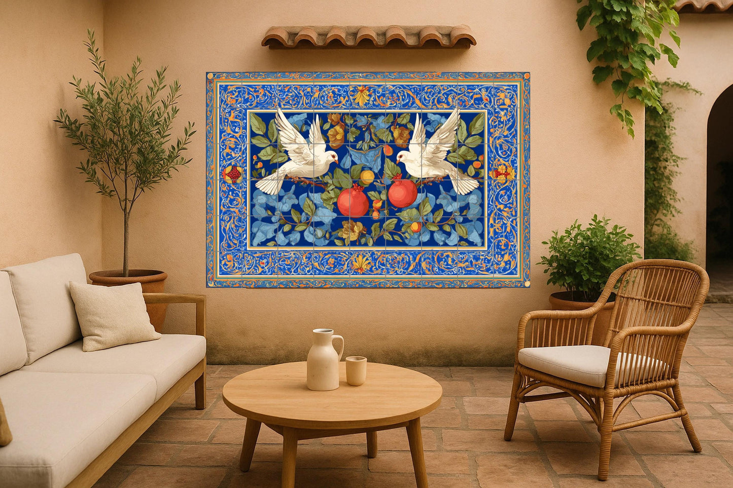 Beautiful wall tile • Decorative wall art with doves • Pomegranate floral panel • Elegant ceramic centerpiece • Ornamental harmony decor