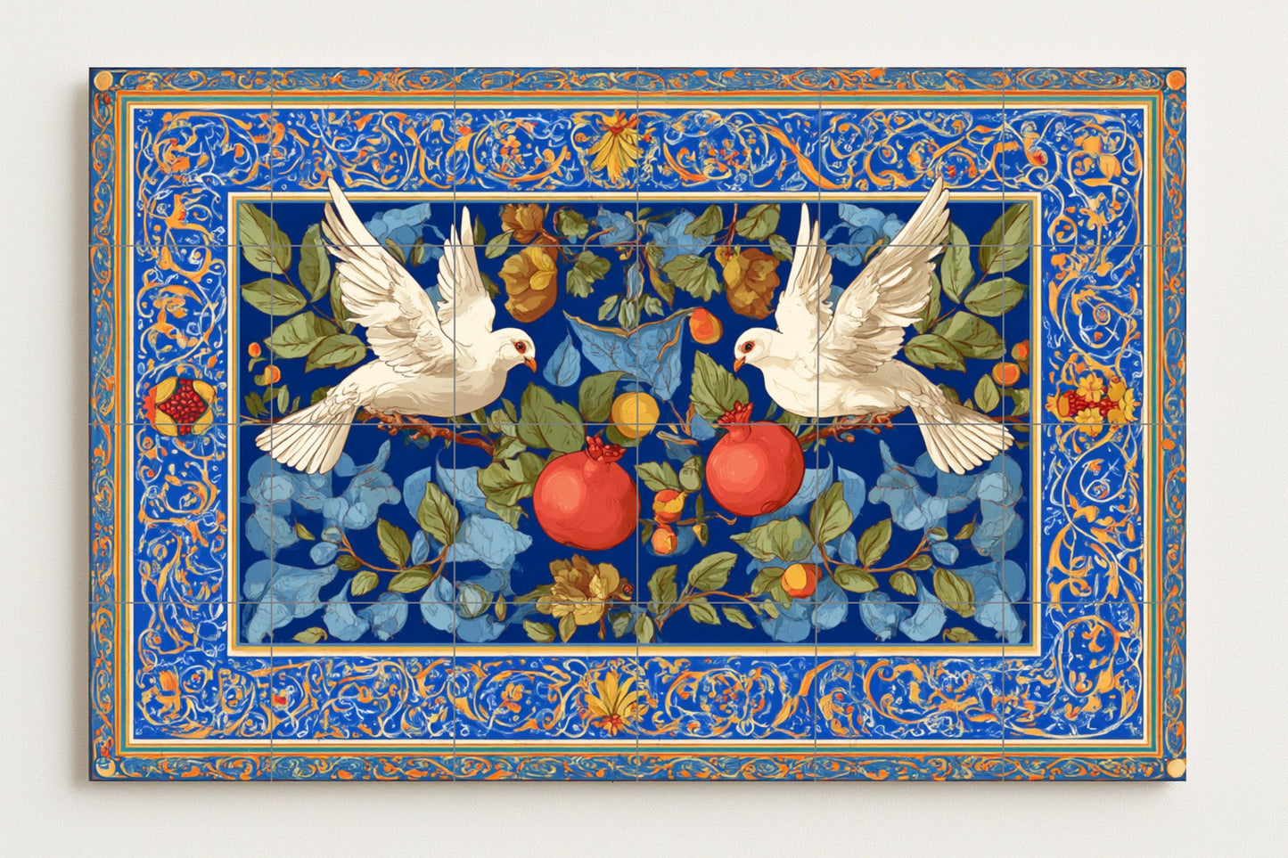 Beautiful wall tile • Decorative wall art with doves • Pomegranate floral panel • Elegant ceramic centerpiece • Ornamental harmony decor