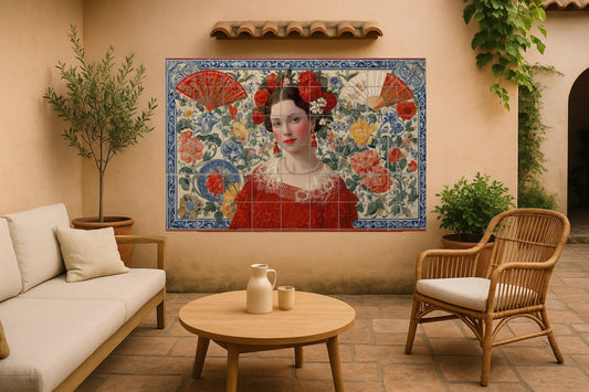 Mural of a Sevillian woman • Spanish folk tile mural art • Floral majolica portrait • Andalusian lace panel • Ceramic decoration with a flamenco fan