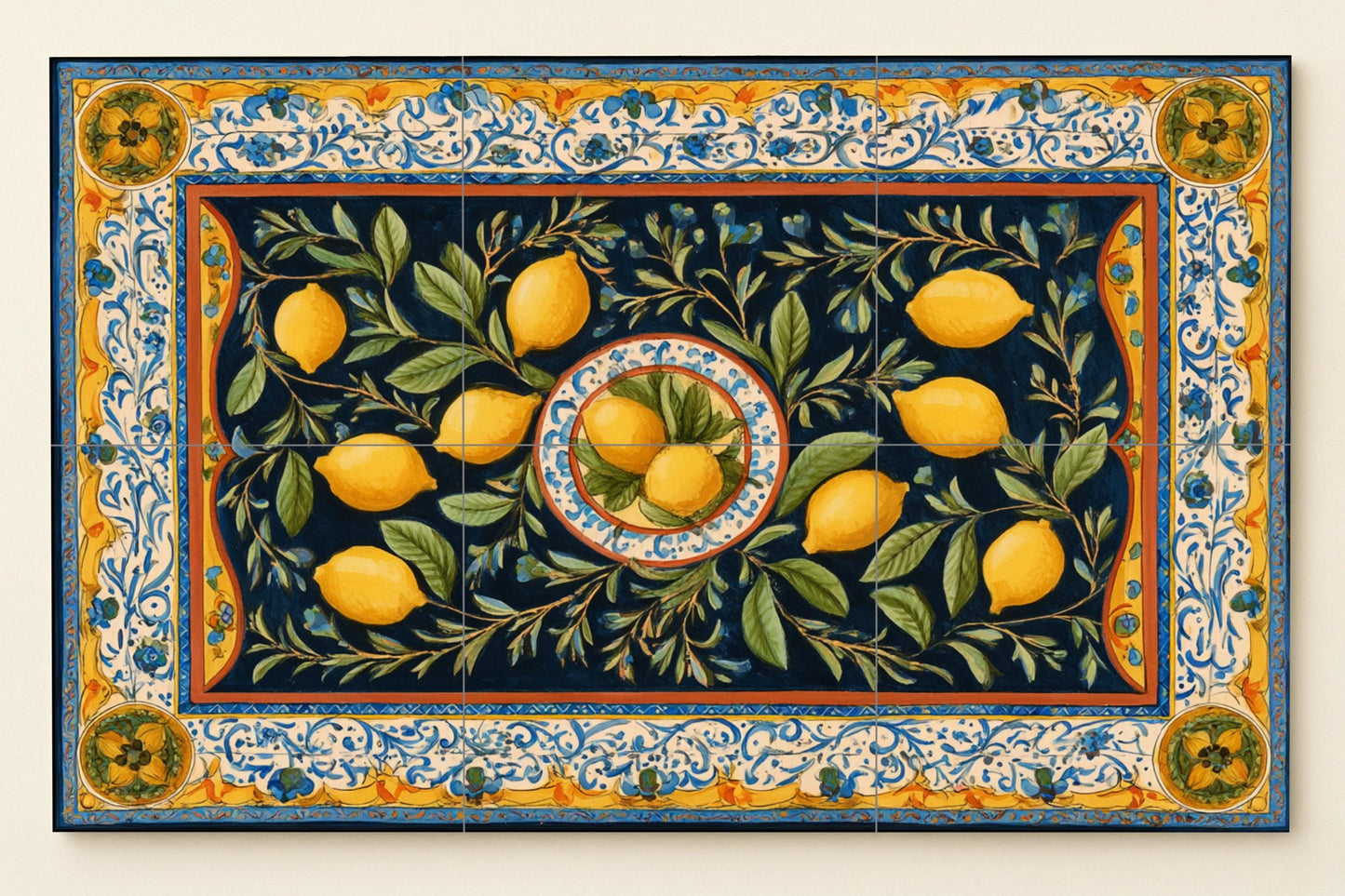 Lemon tile mural • Ceramic wall art with citrus border • Ornamental fruit panel • Mediterranean kitchen decor • Citrus grove design