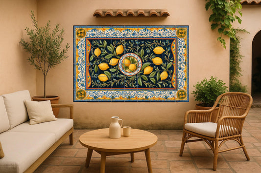 Lemon tile mural • Ceramic wall art with citrus border • Ornamental fruit panel • Mediterranean kitchen decor • Citrus grove design