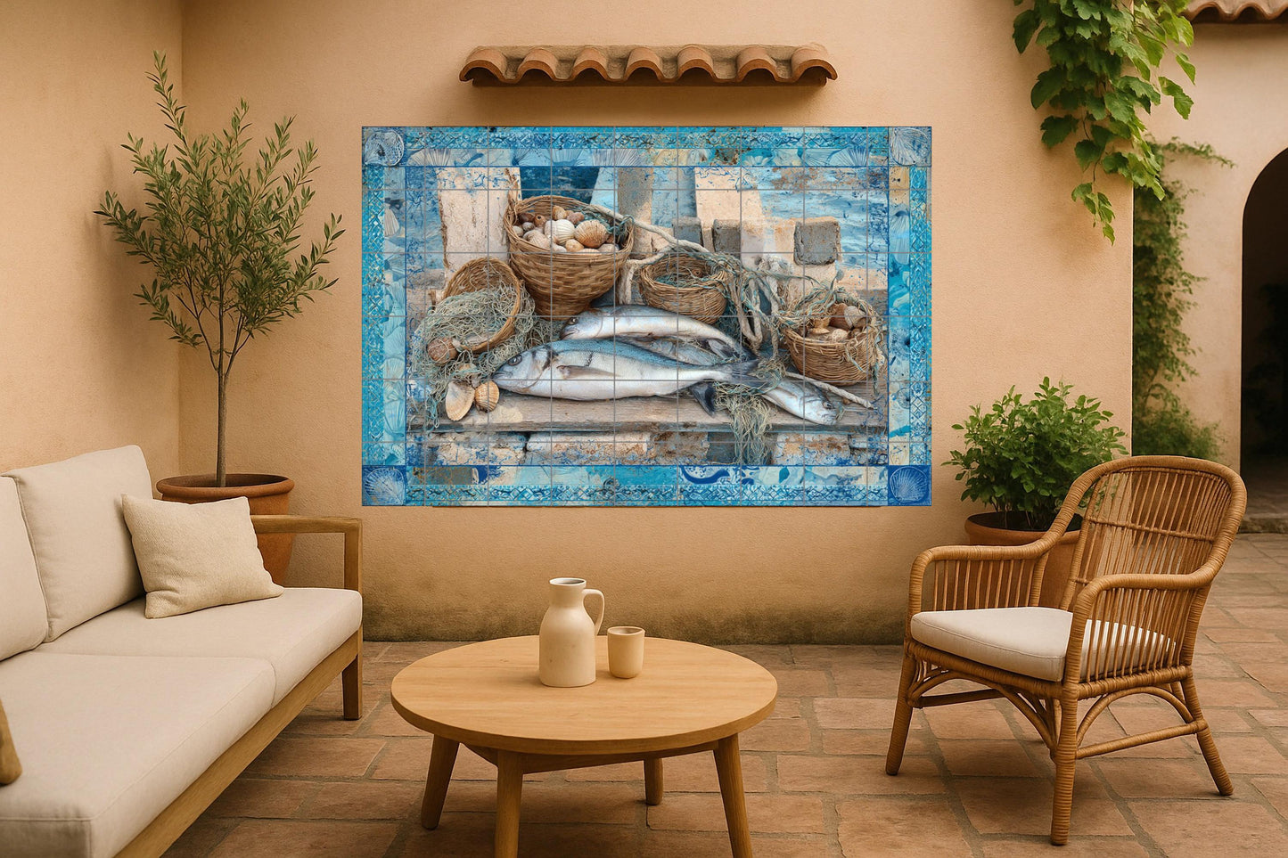 Aegean Fish Mural • Tile Wall Art with Greek Seafood Motifs • Rustic Dock Decor • Mediterranean Net Panel • Coastal Seafood Ceramics