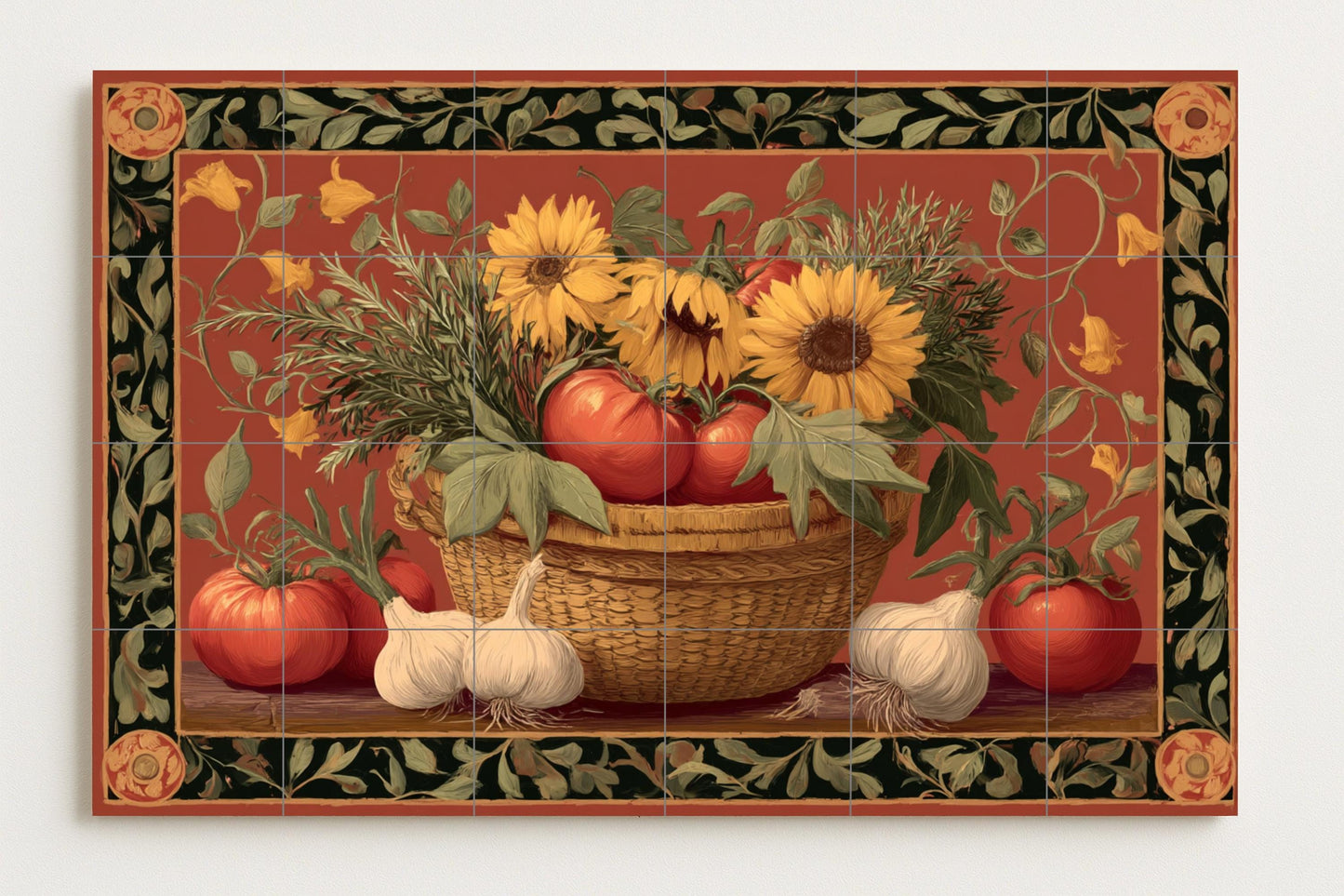 Kitchen mural with sunflowers and tomatoes • Rustic Italian tile panel with garlic, herbs and basket • Popular Mediterranean ceramic decoration