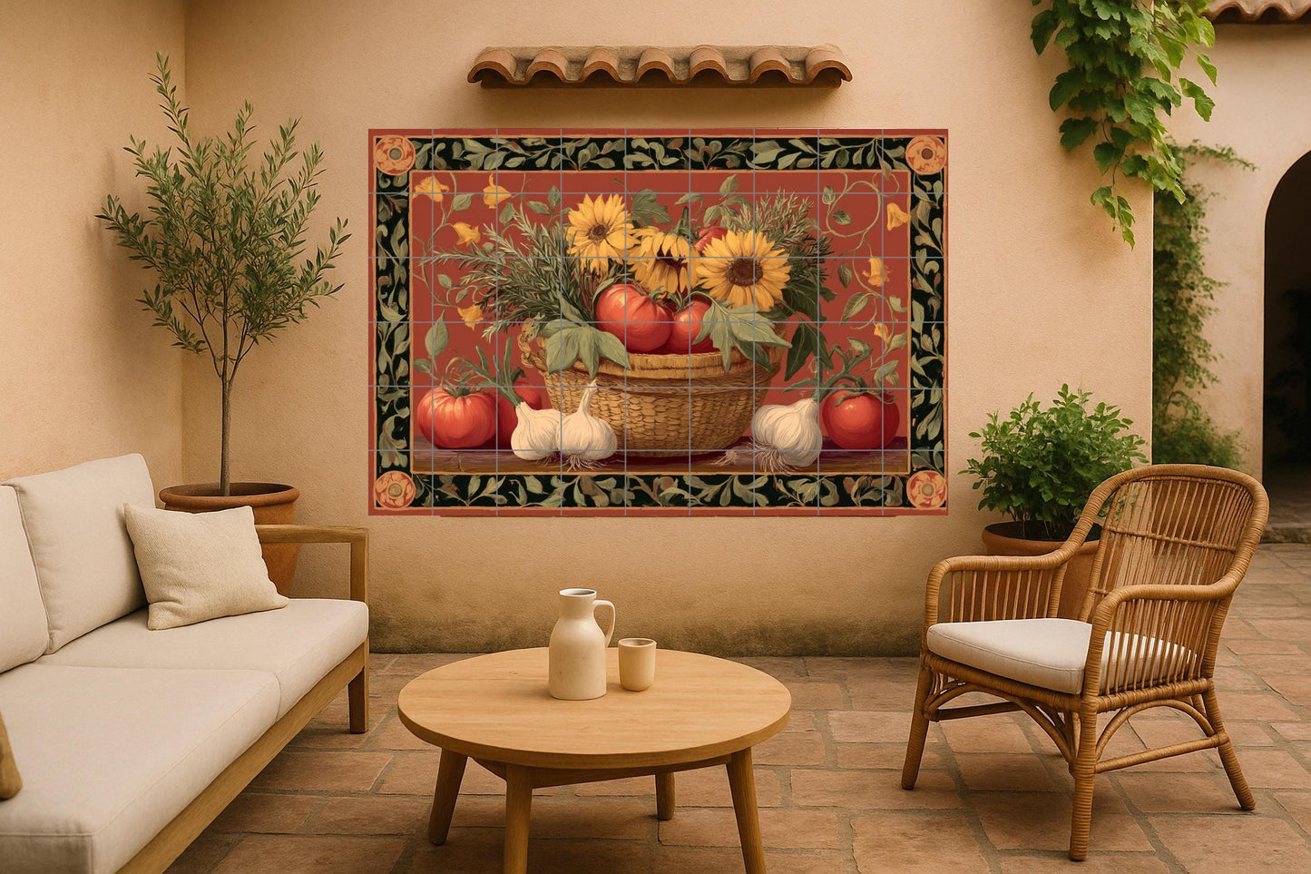 Kitchen mural with sunflowers and tomatoes • Rustic Italian tile panel with garlic, herbs and basket • Popular Mediterranean ceramic decoration