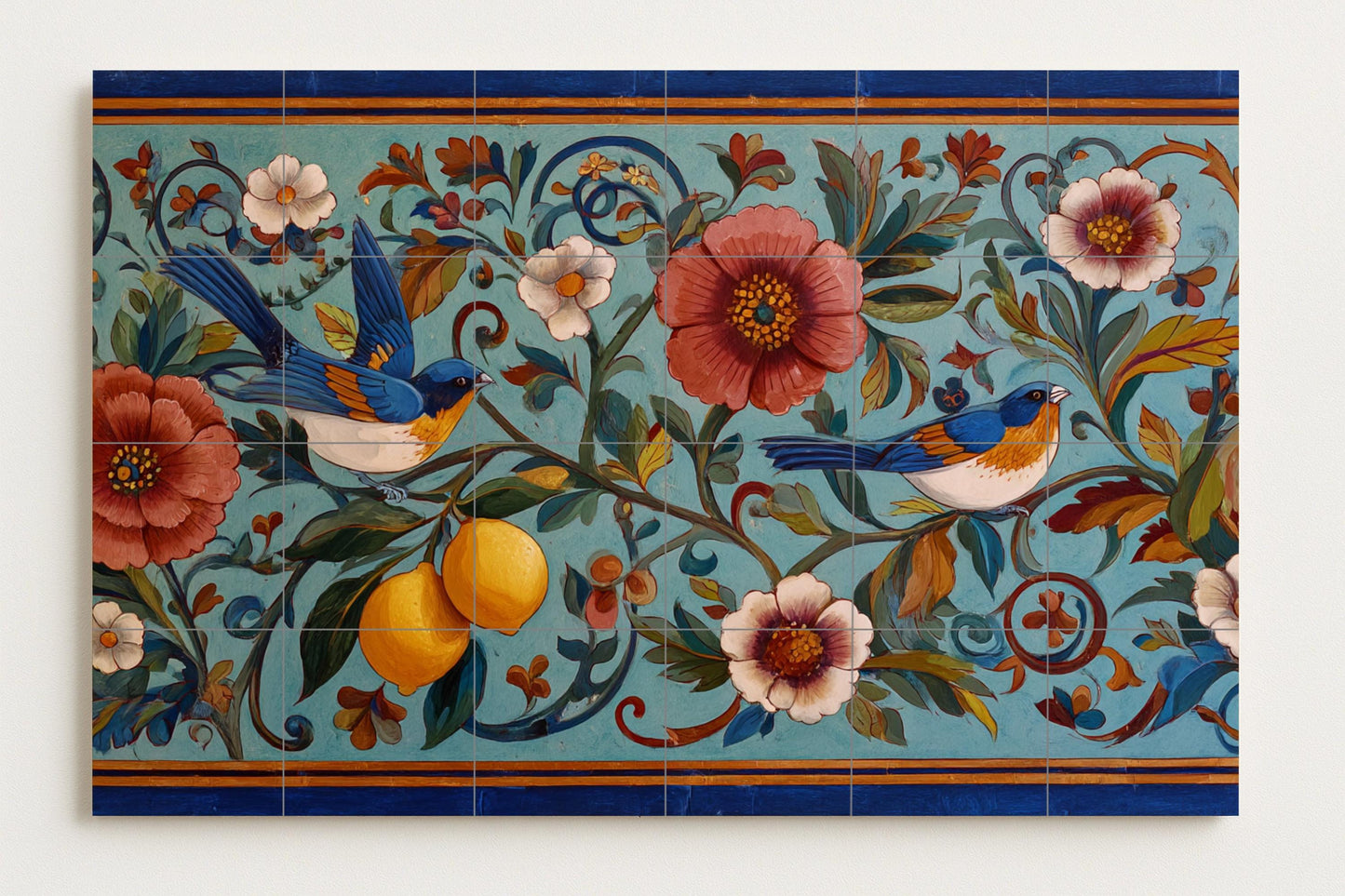 Sicilian garden mural • Lemon tree tile wall art • Bluebird floral decoration • Mediterranean orchard panel • Italian scroll ceramic