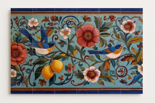Sicilian garden mural • Lemon tree tile wall art • Bluebird floral decoration • Mediterranean orchard panel • Italian scroll ceramic