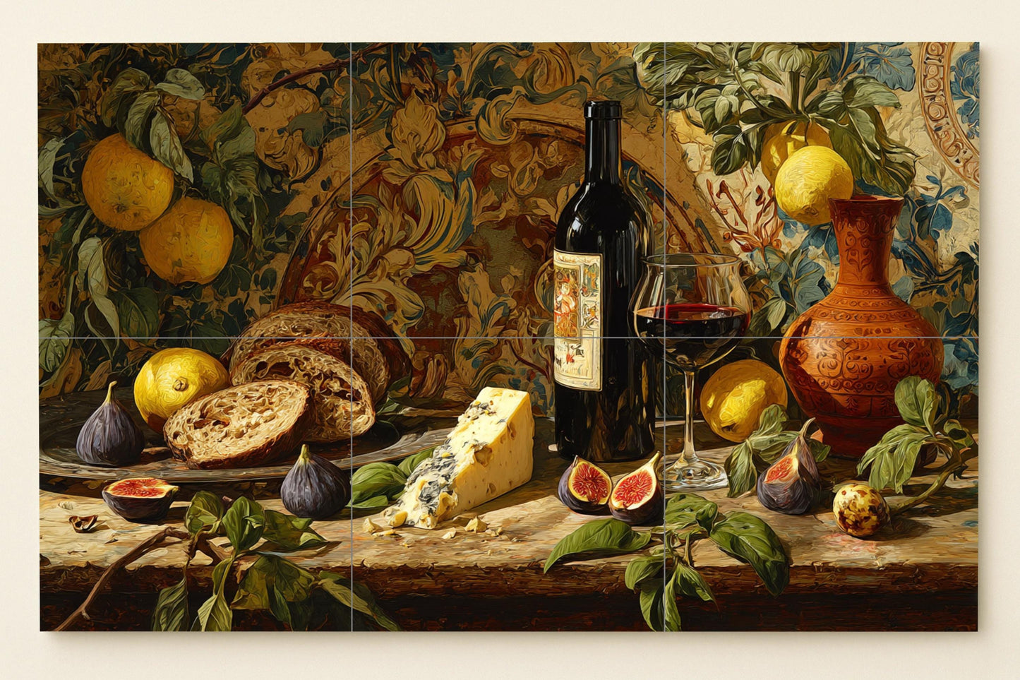 Winery mural • Gourmet cheese tile mural art • Figs and bread • Rustic tasting room panel • European ceramic delights • Epicurean feast