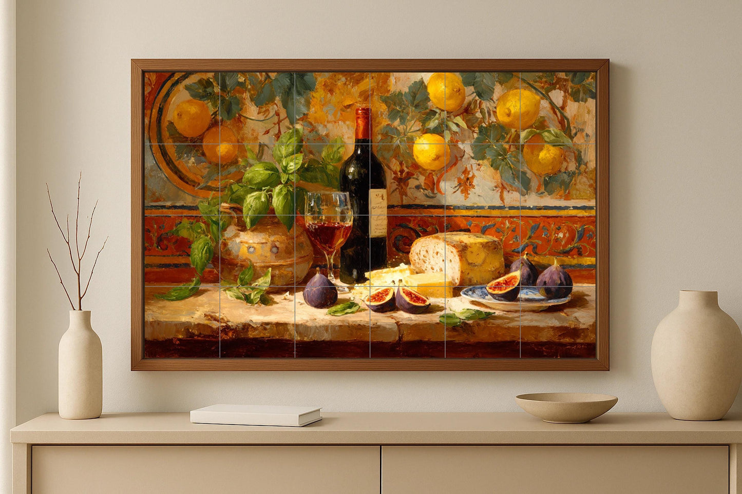 Mediterranean kitchen mural • Still life tile panel with lemons, wine and cheese • Italian rustic food art • Tuscan ceramic decor
