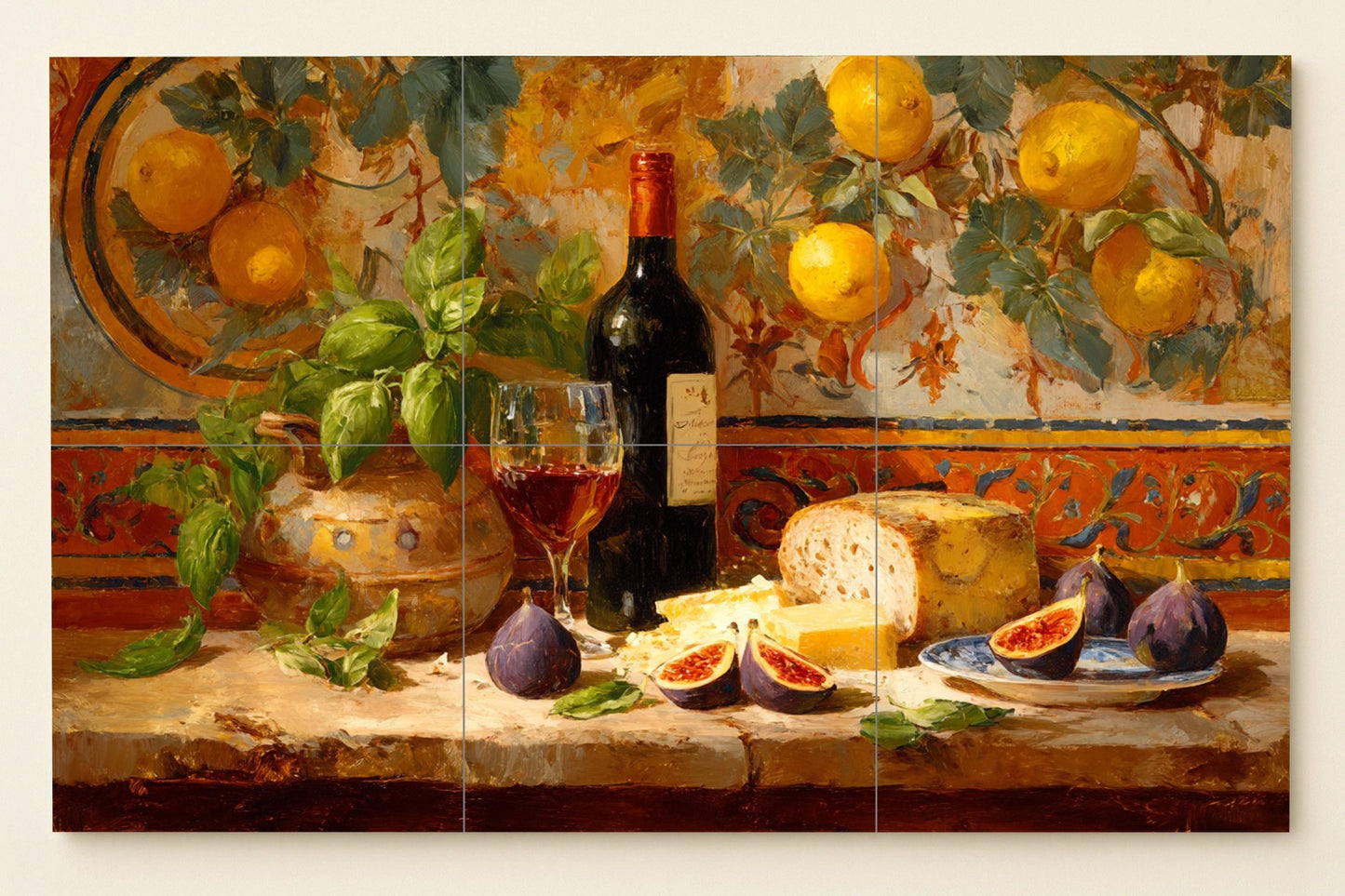 Mediterranean kitchen mural • Still life tile panel with lemons, wine and cheese • Italian rustic food art • Tuscan ceramic decor