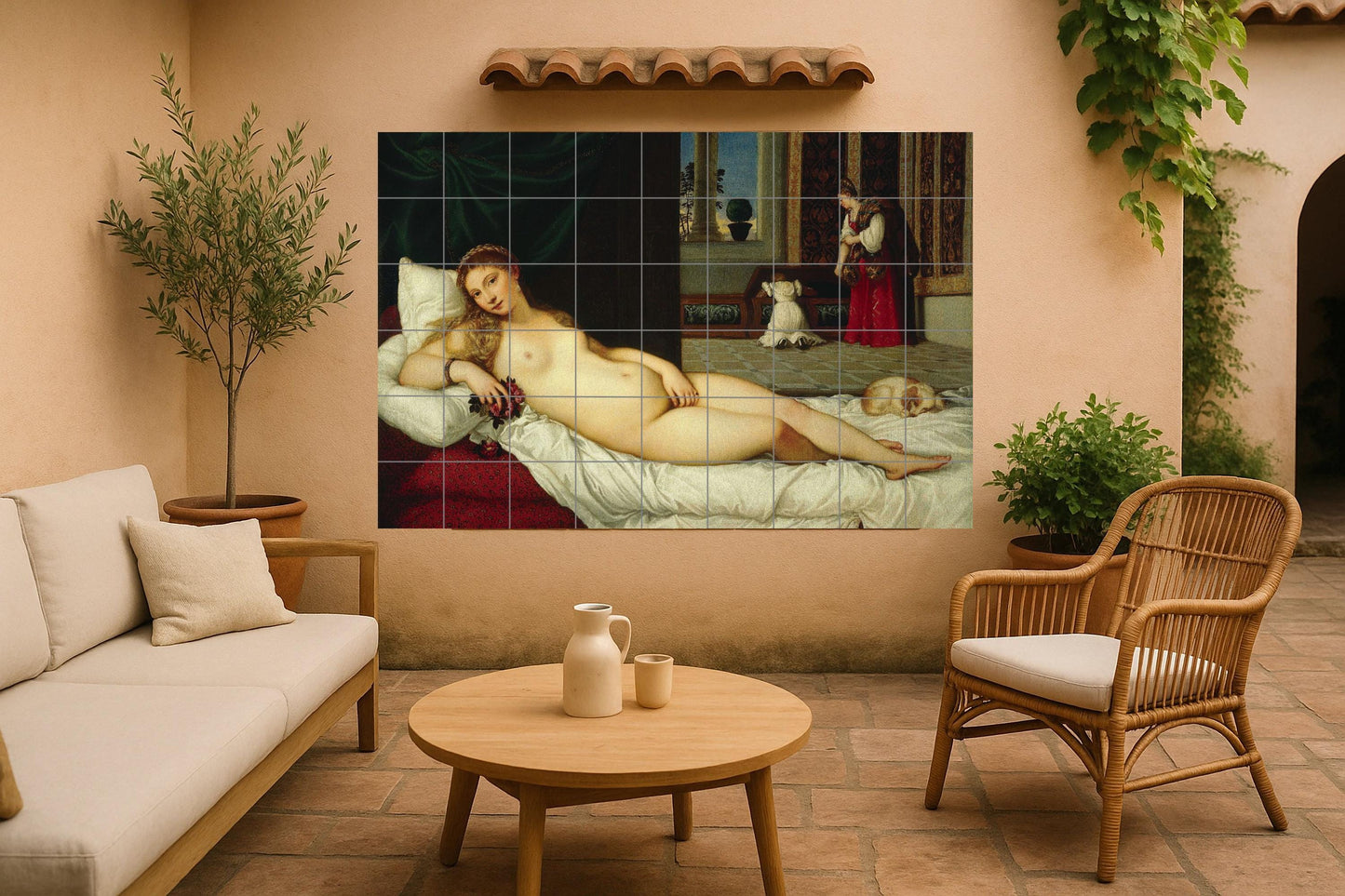 Mural of the Venus of Urbino • Mural art with tiles by Titian • Sensual Renaissance decoration • Panel of Italian nudes • Classical beauty ceramics • Art history dressing table