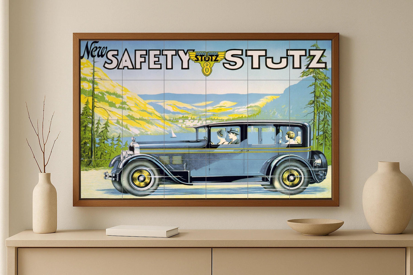 Art Deco Car Mural • Stutz Safety 8-Tile Panel • Vintage Car Ceramic Advertisement • 1920s Luxury Car Artwork • Retro Driving Decor • Age of Speed Wall