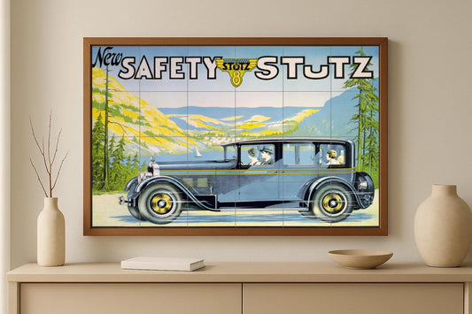 Art Deco Car Mural • Stutz Safety 8-Tile Panel • Vintage Car Ceramic Advertisement • 1920s Luxury Car Artwork • Retro Driving Decor • Age of Speed Wall