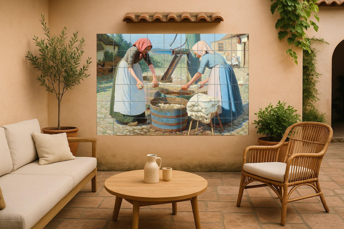 Nordic farmhouse mural • Rustic linen wash tile art • Village work scene panel • Coastal housewife pottery • Rural women's daily chores decor