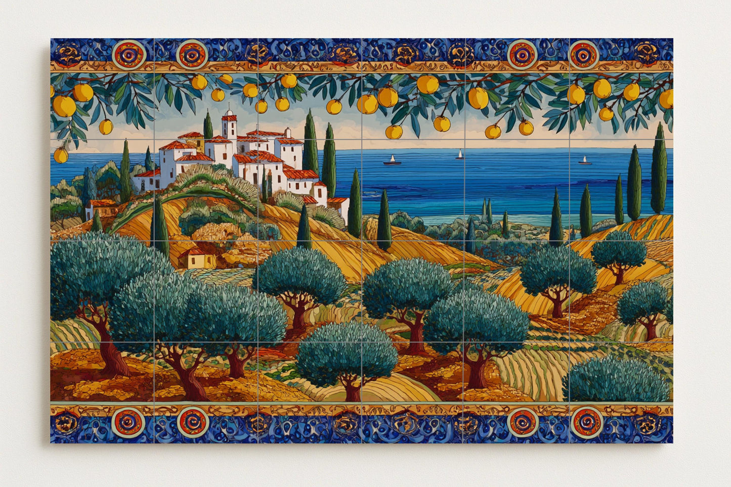 Altea Mural • Costa Blanca Tile Mural Art • Mediterranean Hillside Decoration • Spanish Lemon Tree Panel • White Village Ceramic Landscape
