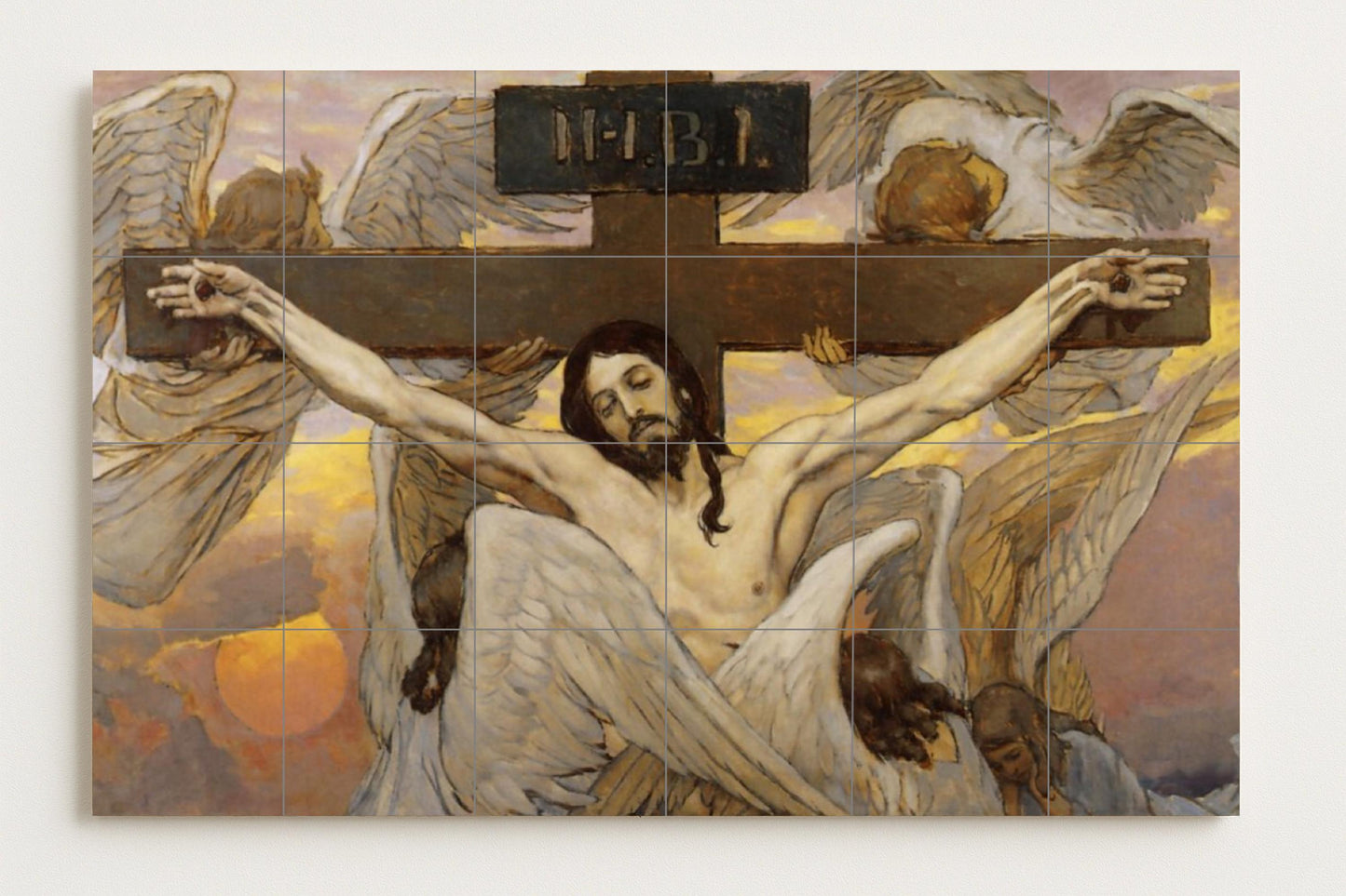 Crucifixion Mural • Tile mural art with angelic witnesses • Christ's Sacrifice panel • Sacred INRI ceramic • Christian redemption decoration • Divine sorrow