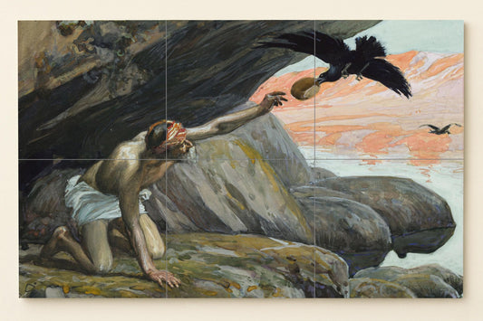 Elijah's Raven Mural • Desert Prophet Tile Mural Art • Biblical Survival Scene • Faith Pottery • Sacred Solitude Decor • Old Testament