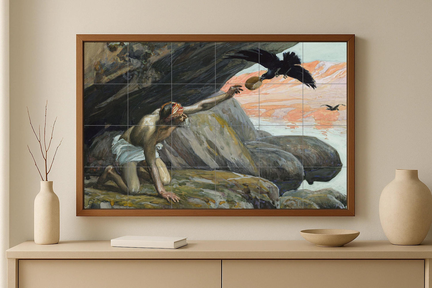 Elijah's Raven Mural • Desert Prophet Tile Mural Art • Biblical Survival Scene • Faith Pottery • Sacred Solitude Decor • Old Testament