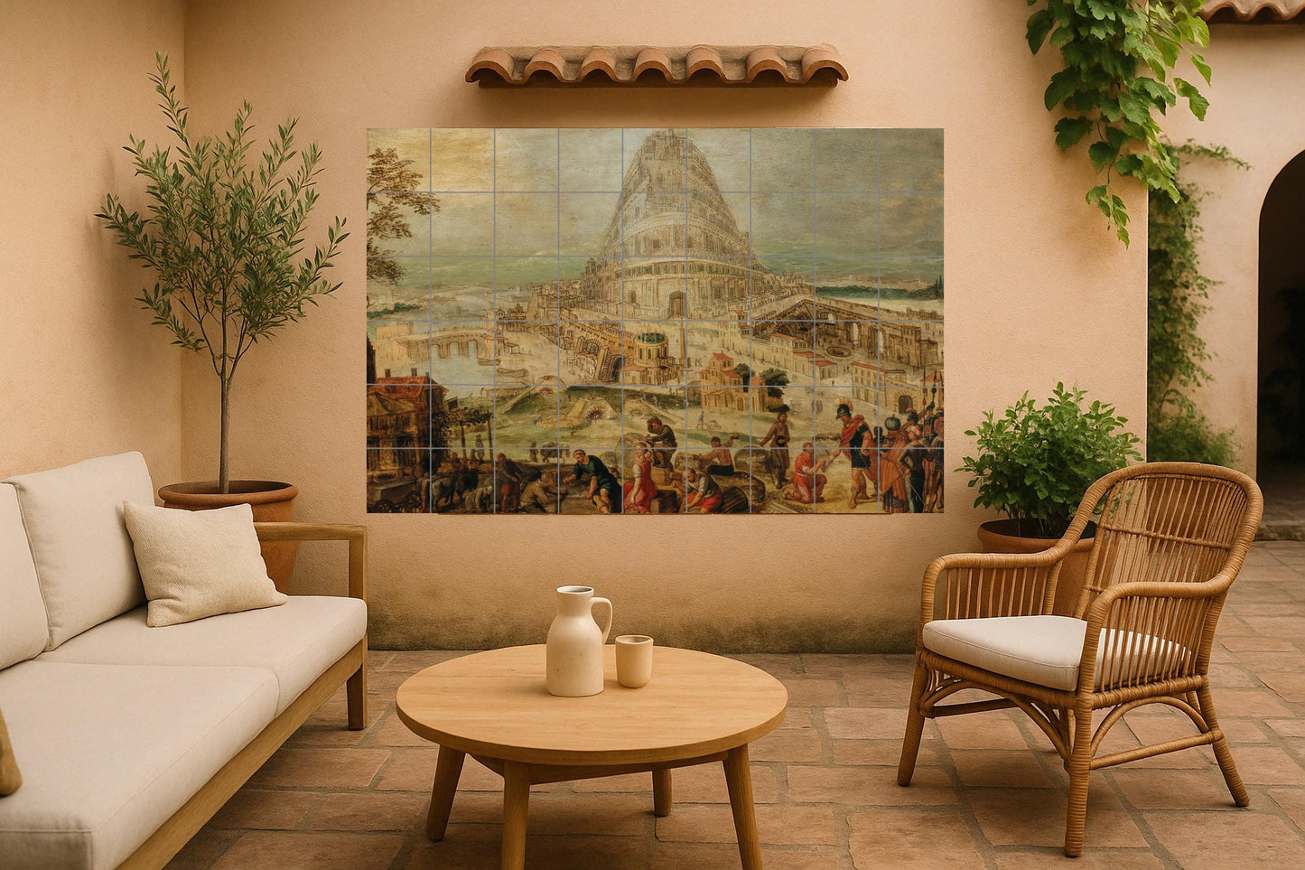 Tower of Babel Mural • Biblical Tile Mural Art • Ancient City Panel • Renaissance Architectural Decoration • Language Origin Ceramics • Tower Legend